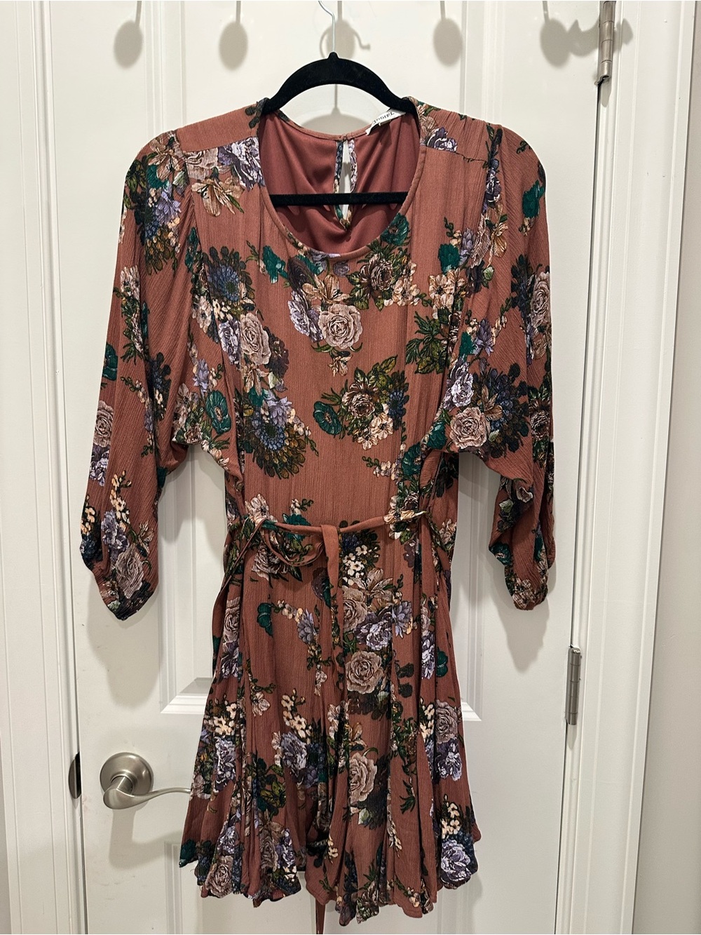 JODIFL Rust Floral Tie-Waist Mini Dress with Green and Purple Accents
